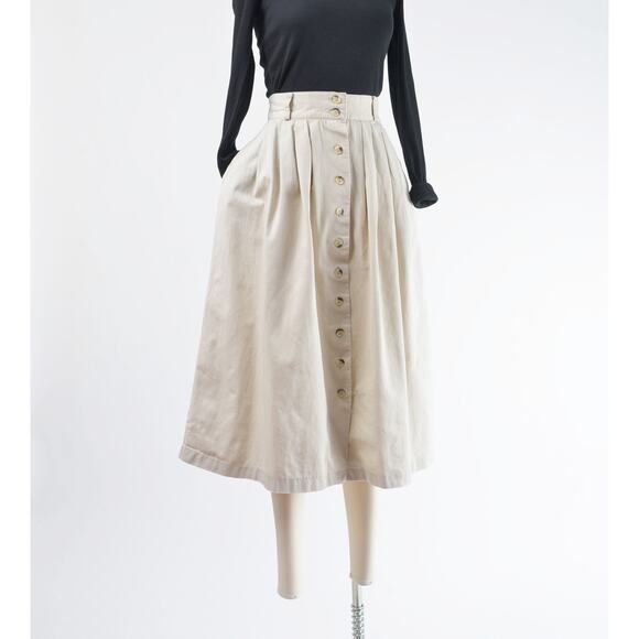 Vintage 90s Khaki Cotton Button Front Full Pleated Midi Skirt with Pockets S - Picture 5 of 7
